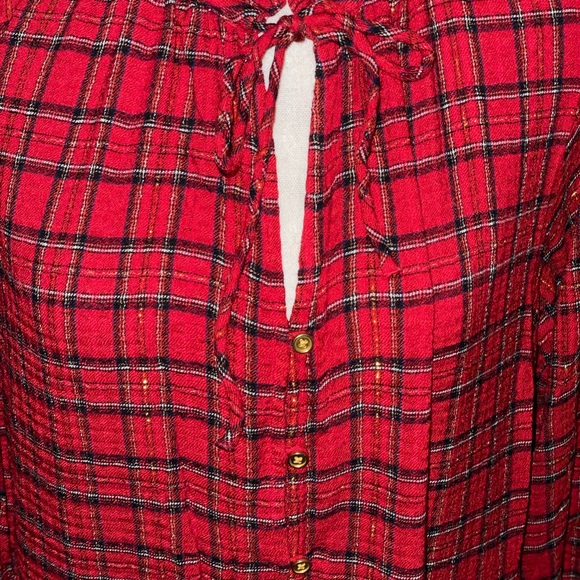 LOFT Ann Taylor Shimmer Red Plaid Tiered mini Dress size large gold buttons tie - Picture 9 of 16